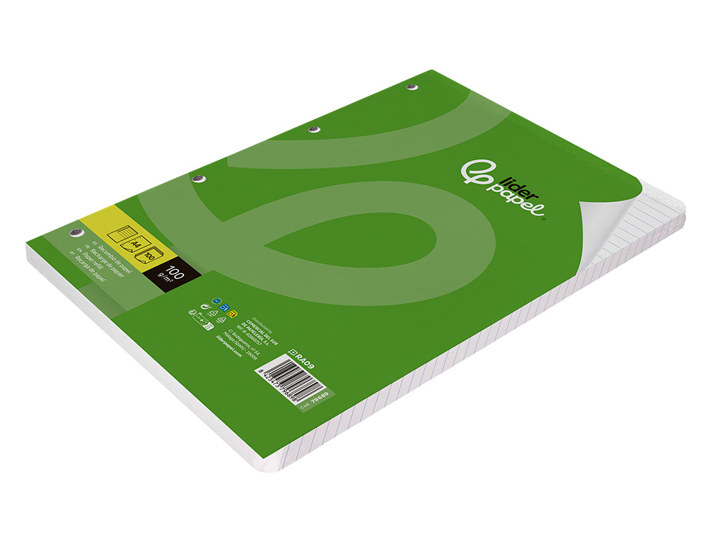 RECAMBIO LIDERPAPEL A4 100 HOJAS 100 G/M2 RAYADO HORIZONTAL CON MARGEN 4 TALADROS