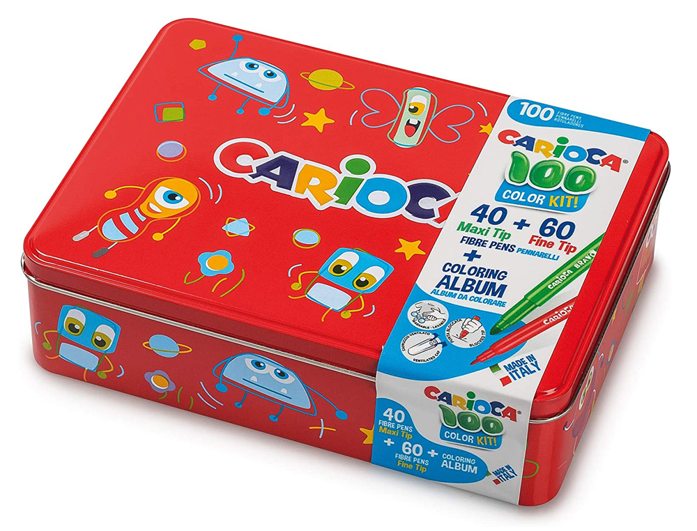 ROTULADOR CARIOCA COLOR KIT CAJA METALICA DE 100 UNIDADES SURTIDAS + ALBUM COLOREAR