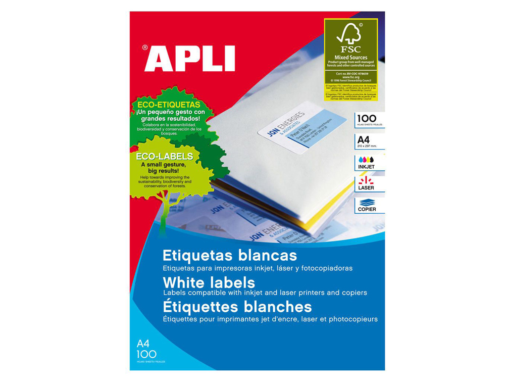 ETIQUETA ADHESIVA APLI 1295 TAMAÑO 70X50,8 MM FOTOCOPIADORA LASER INK-JET CAJA CON 100 HOJAS DIN A4