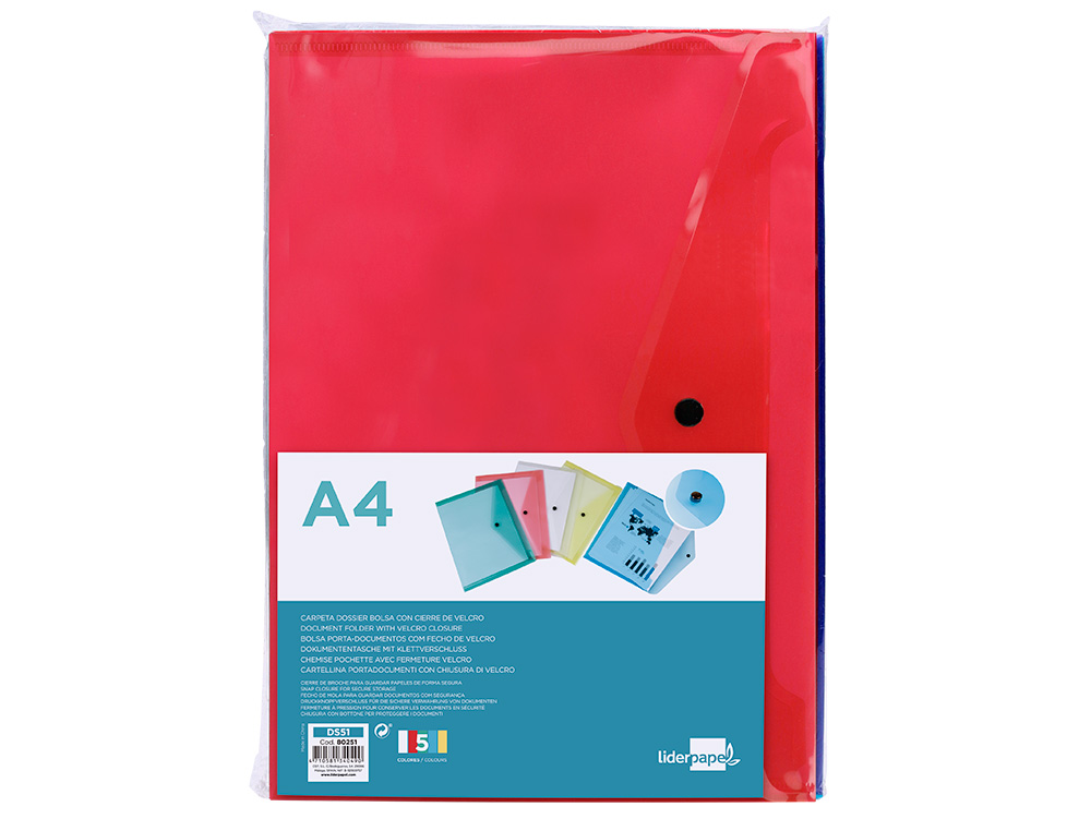 CARPETA LIDERPAPEL DOSSIER BROCHE TRANSPARENTE DIN A4 COLORES SURTIDOS PAQUETE DE 5 RETRACTILADO