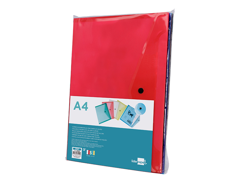 CARPETA LIDERPAPEL DOSSIER BROCHE TRANSPARENTE DIN A4 COLORES SURTIDOS PAQUETE DE 5 RETRACTILADO