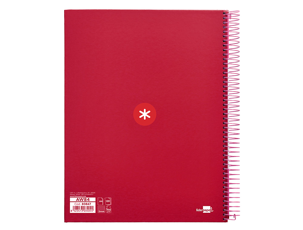 CUADERNO ESPIRAL A4 MICRO ANTARTIK TAPA FORRADA 120H 100 GR CUADRO 5MM 5 BANDAS 4 TALADROS COLOR FRAMBUESA