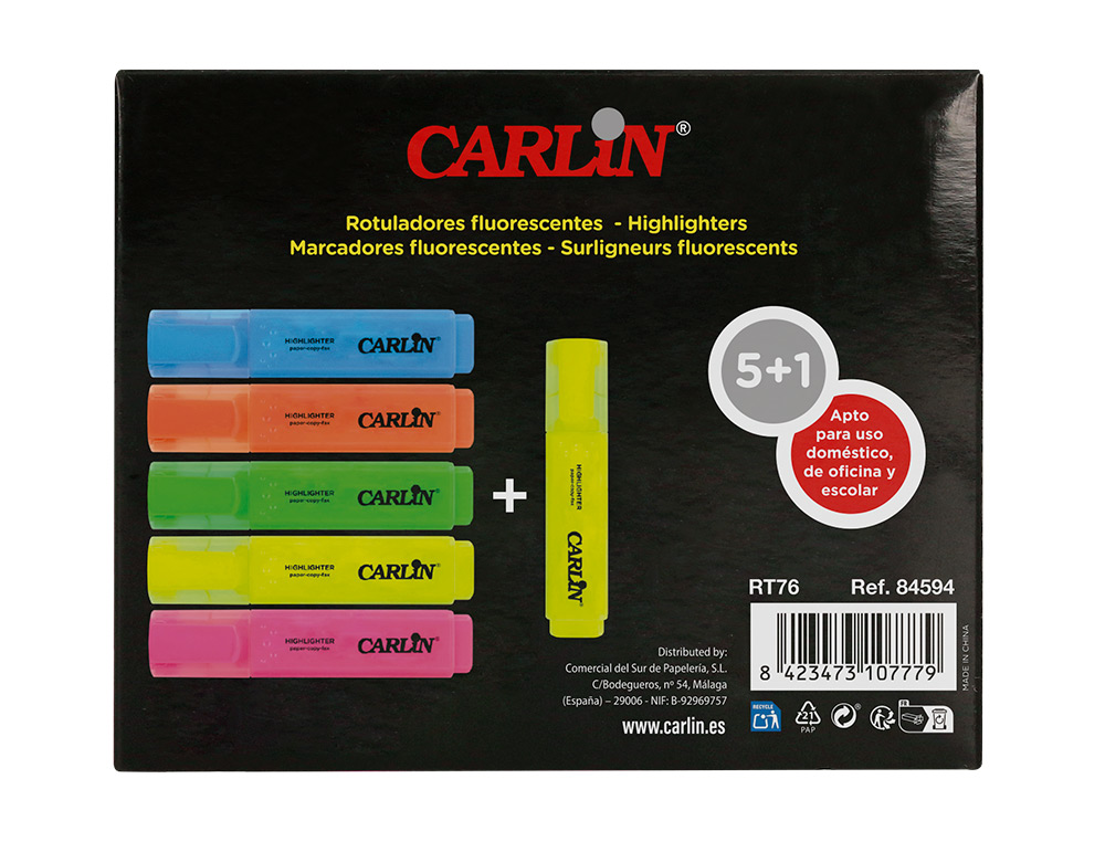 ROTULADOR CARLIN FLUORESCENTE PUNTA BISELADA CAJA DE 5+1 UNIDADES COLORES SURTIDOS
