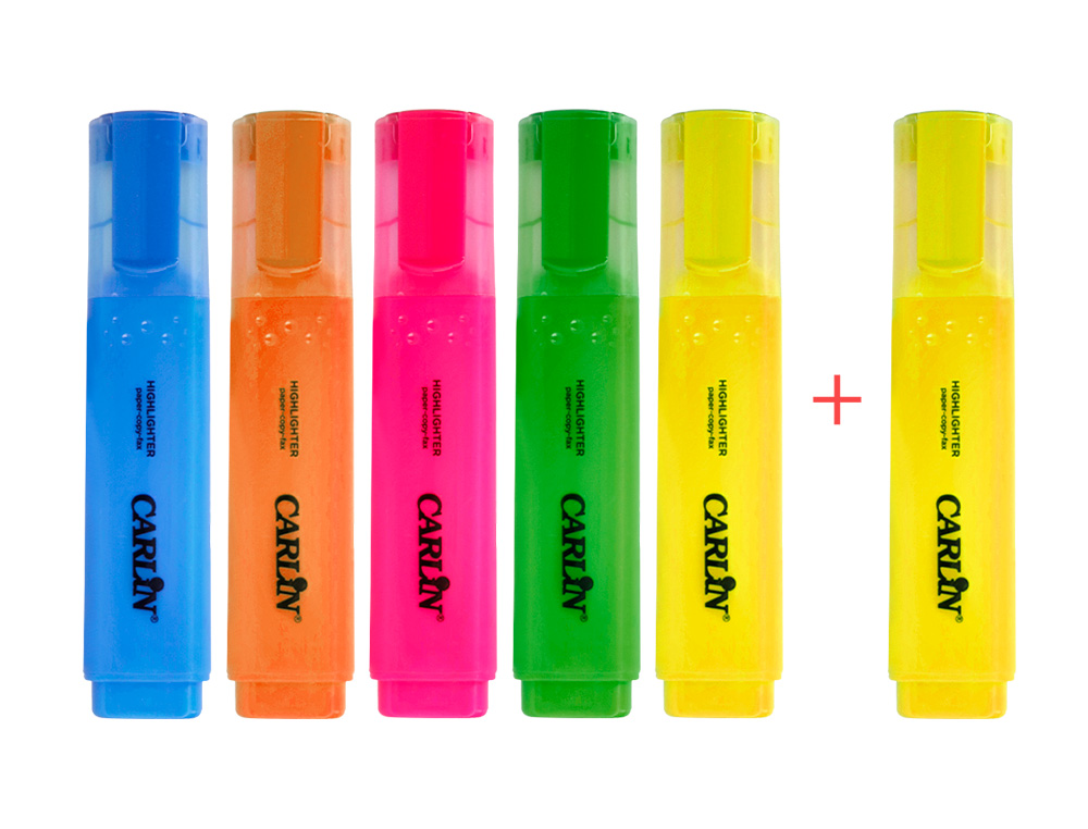 ROTULADOR CARLIN FLUORESCENTE PUNTA BISELADA CAJA DE 5+1 UNIDADES COLORES SURTIDOS