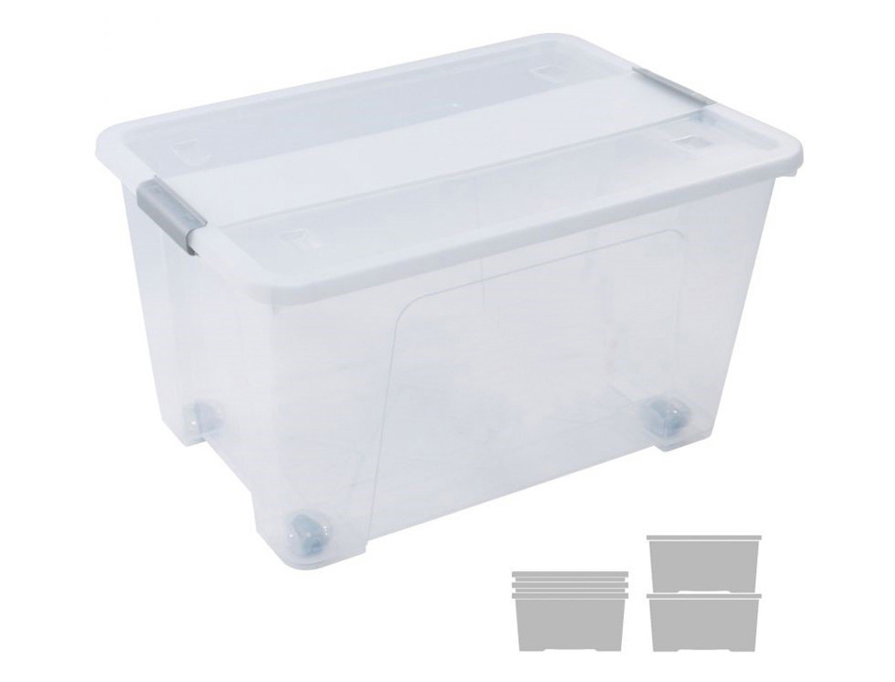CAJA DE ALMACENAJE ARCHIVO 2000 POLIPROPILENO 52 LITROS APILABLE Y ENCAJABLE CON TAPA Y RUEDAS TRANSPARENTE