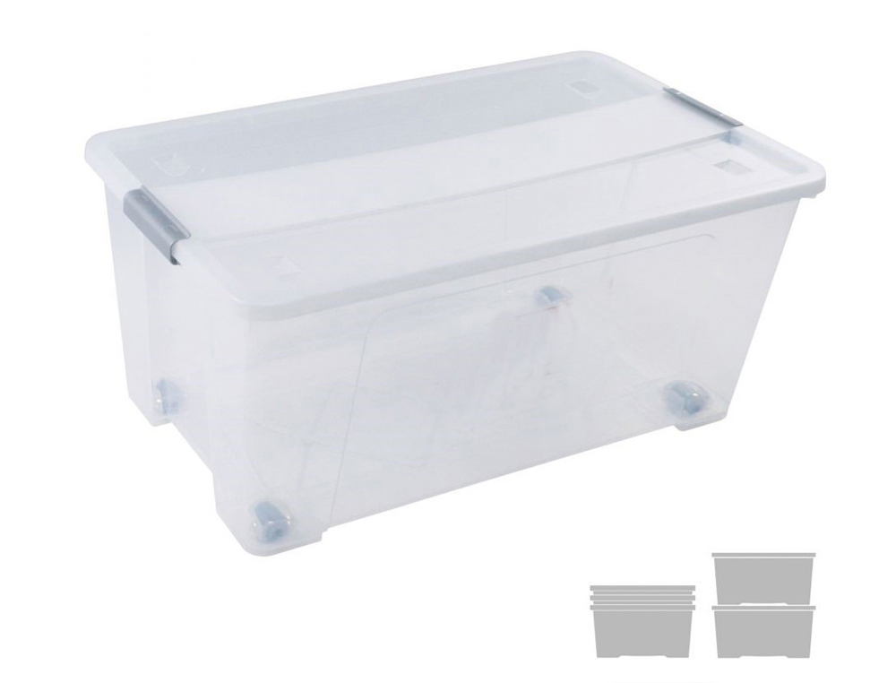 CAJA DE ALMACENAJE ARCHIVO 2000 POLIPROPILENO 61 LITROS APILABLE Y ENCAJABLE CON TAPA Y RUEDAS TRANSPARENTE