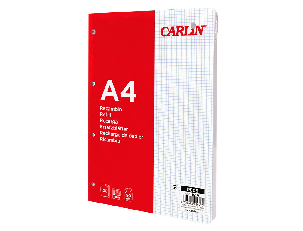 RECAMBIO CARLIN A4 100 HOJAS 90G/M2 CUADRO 4MM CON MARGEN 4 TALADROS