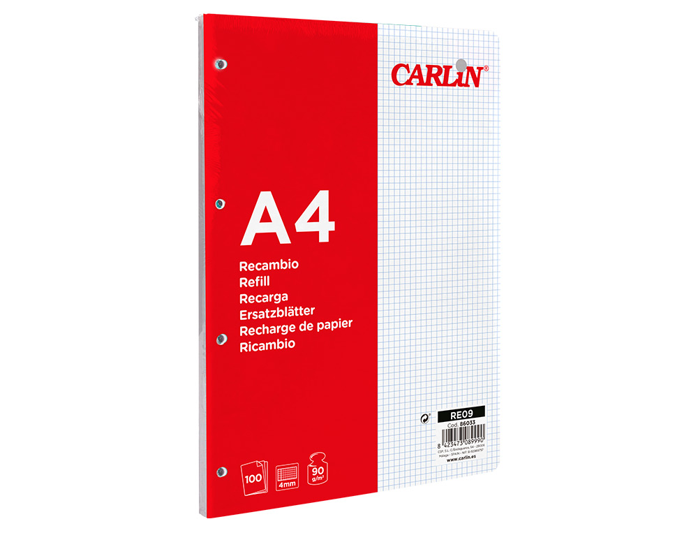 RECAMBIO CARLIN A4 100 HOJAS 90G/M2 CUADRO 4MM CON MARGEN 4 TALADROS