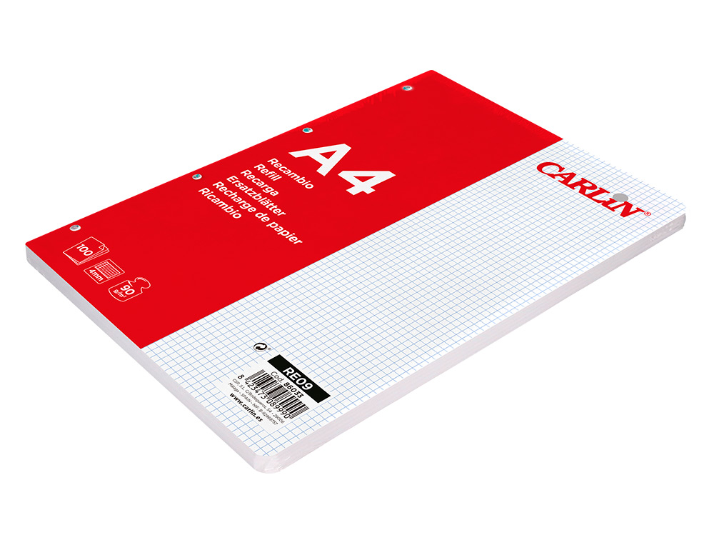 RECAMBIO CARLIN A4 100 HOJAS 90G/M2 CUADRO 4MM CON MARGEN 4 TALADROS
