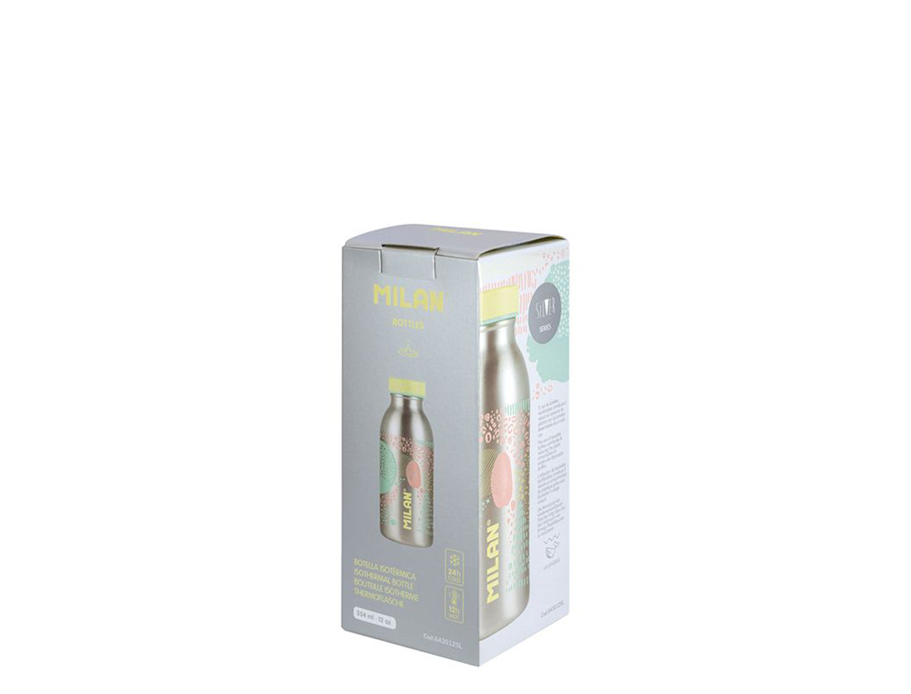 BOTELLA PORTALIQUIDOS MILAN ACERO INOXIDABLE ISOTERMICA SERIE SILVER COLOR AMARILLO 354 ML