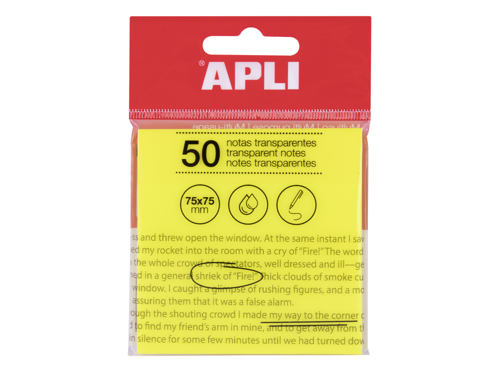 BLOC DE NOTAS ADHESIVAS QUITA Y PON APLI 75X75 MM 50 HOJAS TRANSPARENTE AMARILLO