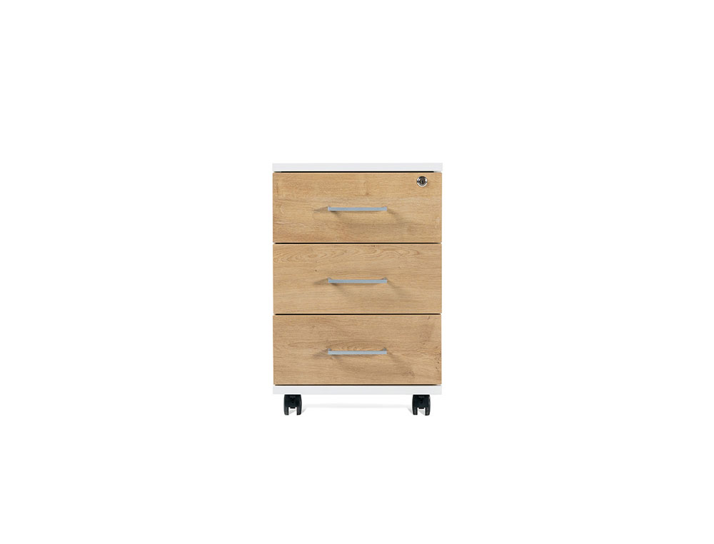 CAJONERA ROCADA CON TRES CAJONES SISTEMA ANTIVUELCO Y RUEDAS CON FRENO COLOR BLANCO/ROBLE 60X40X60 CM