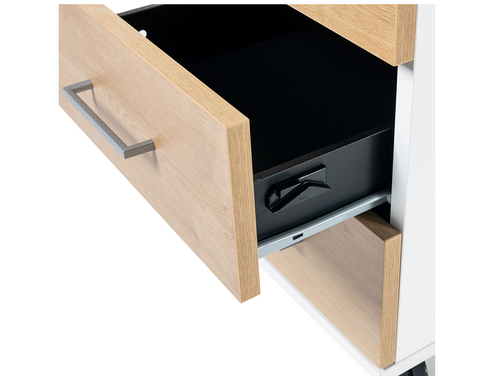 CAJONERA ROCADA CON TRES CAJONES SISTEMA ANTIVUELCO Y RUEDAS CON FRENO COLOR BLANCO/ROBLE 60X40X60 CM