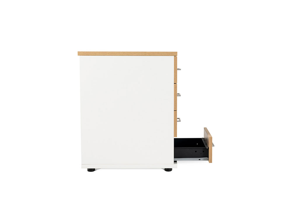 CAJONERA ROCADA CON TRES CAJONES SISTEMA ANTIVUELCO Y RUEDAS CON FRENO COLOR BLANCO/ROBLE 60X40X60 CM