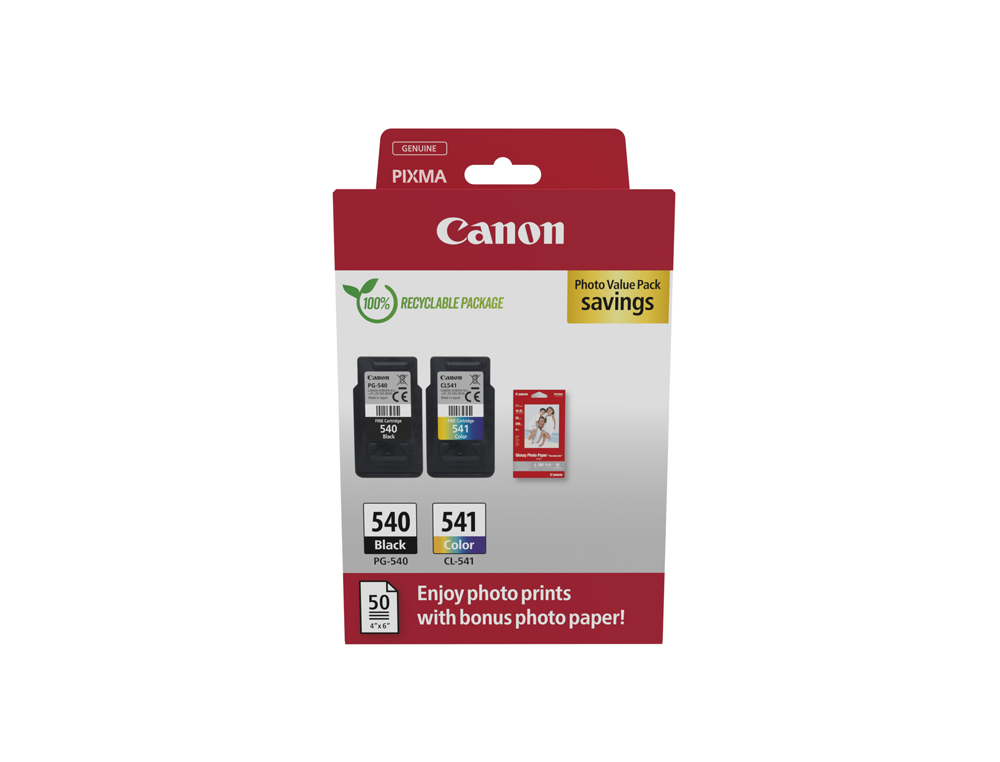 INK-JET CANON PHOTO VALUE PACK PG-540 + CL541 + 50 HOJAS PAPEL FOTO GLOSSY 10X15 CM