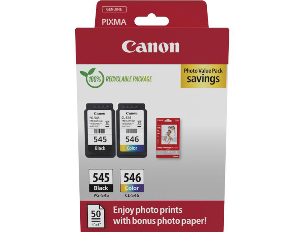 INK-JET CANON PHOTO VALUE PACK PG-545 + CL546 + 50 HOJAS PAPEL FOTO GLOSSY 10X15 CM