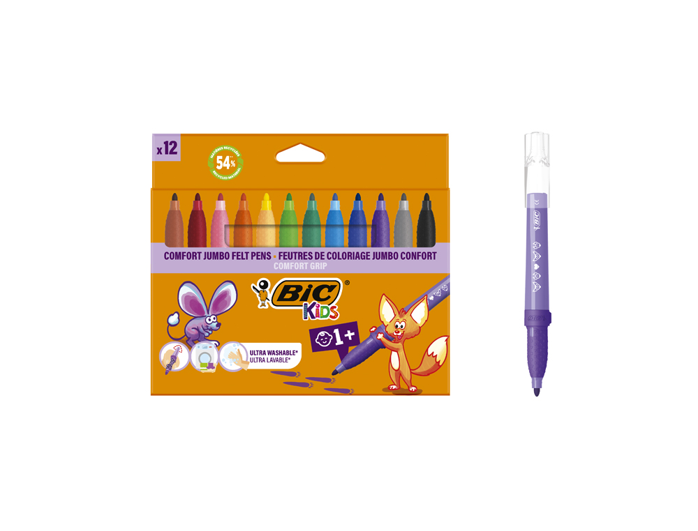 ROTULADOR BIC KIDS COMFORT JUMBO LAVABLE ESTUCHE DE 12 UNIDADES COLORES SURTIDOS