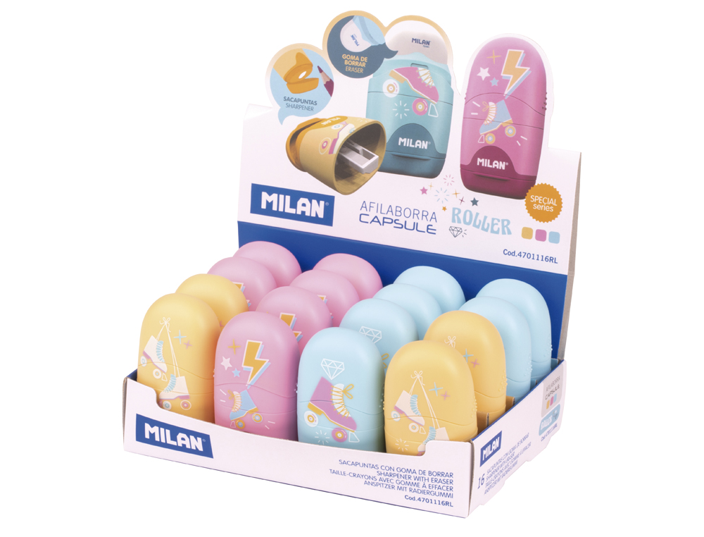 SACAPUNTAS MILAN SERIE ESPECIAL CAPSULE ROLLER PLASTICO 1 USO CON GOMA