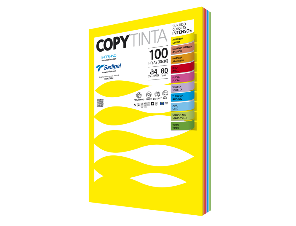 PAPEL COLOR FABRIANO DIN A4 80 GR 10 COLORES INTENSOS SURTIDOS PAQUETE DE 100 HOJAS 10XCOLOR