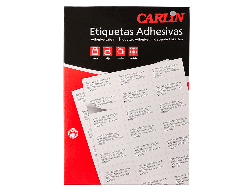 ETIQUETA ADHESIVA CARLIN 210X297 MM FOTOCOPIADORA LASER INK-JET CAJA DE 100 HOJAS DIN A4