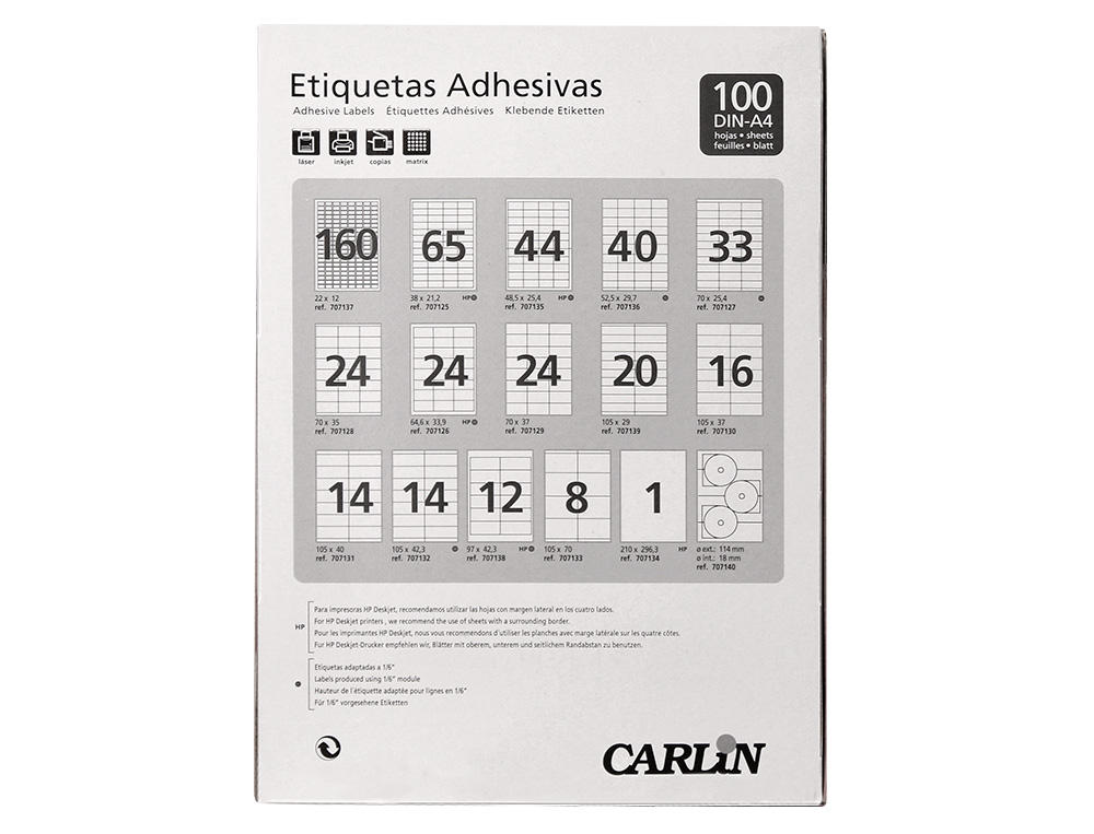 ETIQUETA ADHESIVA CARLIN 105X70 MM FOTOCOPIADORA LASER INK-JET CAJA DE 100 HOJAS DIN A4