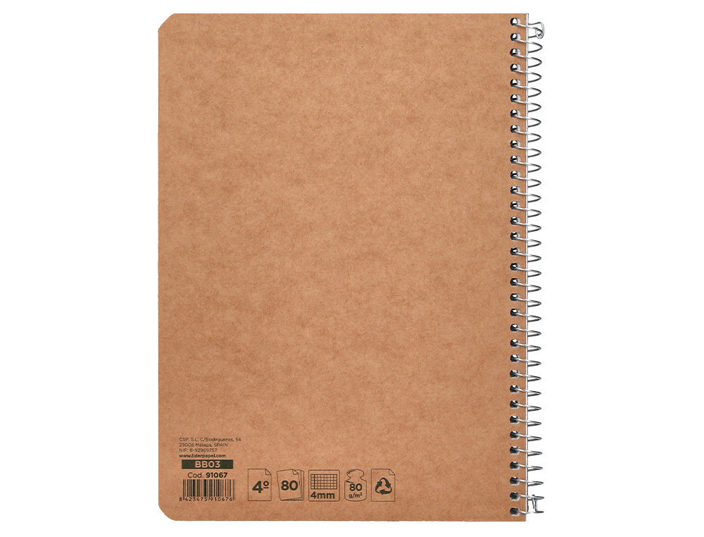 CUADERNO ESPIRAL LIDERPAPEL CUARTO ECOUSE TAPA CARTULINA KRAFT 80H PAPEL RECICLADO 80GR CUADRO 4MM
