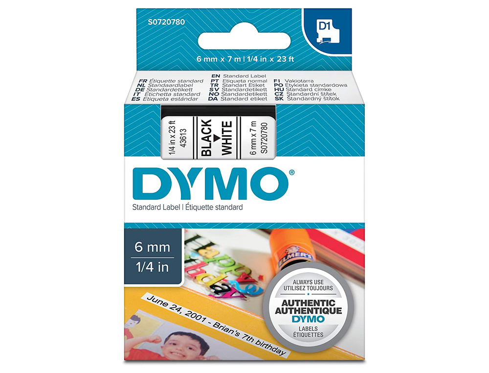 CINTA DYMO NEGRO-BLANCO 6MM X 7MT D1