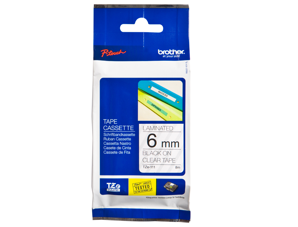 CINTA BROTHER TZE111 TRANSPARENTE-NEGRO 6MM LONGITUD 8 MT