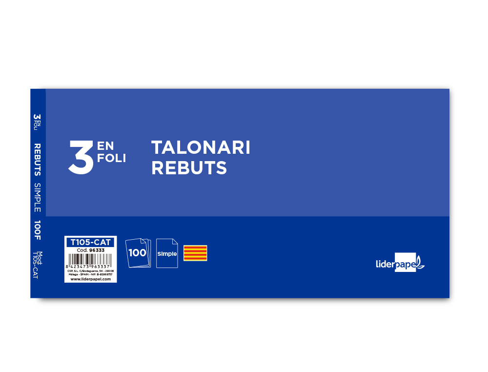 TALONARIO LIDERPAPEL RECIBOS 3/Fº ORIGINAL T105 CON MATRIZ TEXTO EN CATALAN
