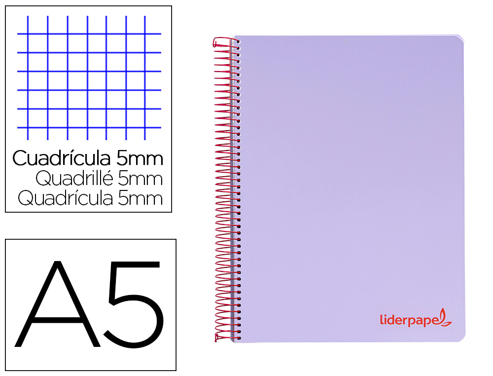 CUADERNO ESPIRAL LIDERPAPEL A5 MICRO WONDER TAPA PLASTICO 120H 90G CUADRO 5MM 5 BANDAS 6 TALADROS COLOR VIOLETA