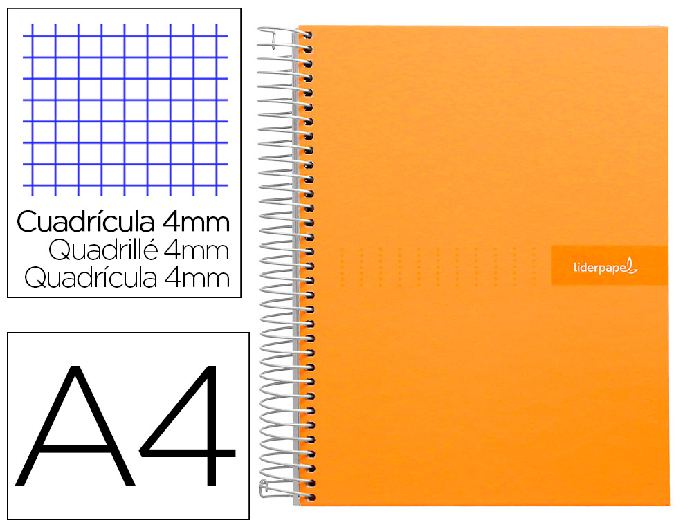 CUADERNO ESPIRAL LIDERPAPEL A4 CRAFTY TAPA FORRADA 80H 90 GR CUADRO 4MM CON MARGEN COLOR NARANJA