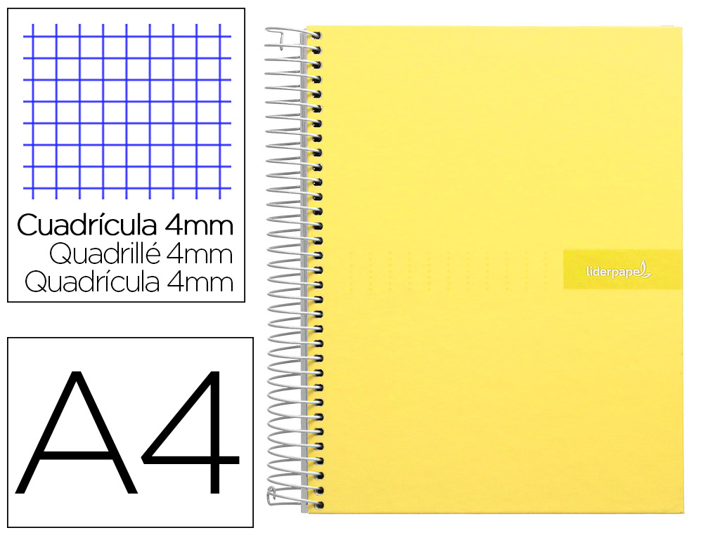 CUADERNO ESPIRAL LIDERPAPEL A4 CRAFTY TAPA FORRADA 80H 90 GR CUADRO 4MM CON MARGEN COLOR AMARILLO