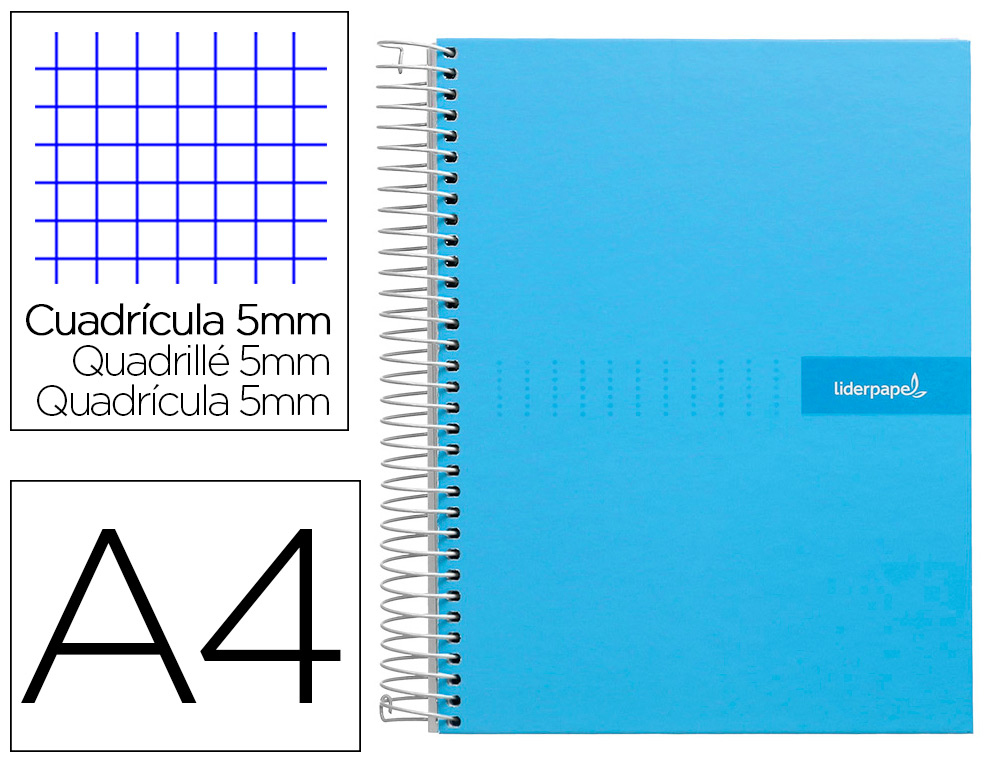 CUADERNO ESPIRAL LIDERPAPEL A4 MICRO CRAFTY TAPA FORRADA 120H 90 GR CUADRO 5MM 5 BANDAS 4 COLORES CELESTE
