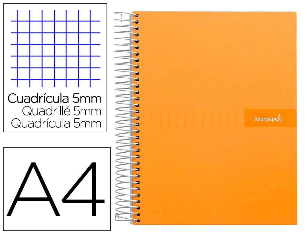 CUADERNO ESPIRAL LIDERPAPEL A4 MICRO CRAFTY TAPA FORRADA 120H 90 GR CUADRO 5MM 5 BANDAS 4 COLORES COLOR NARANJA