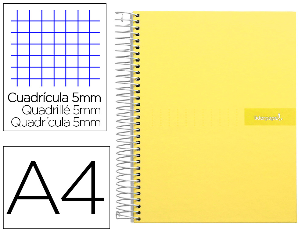 CUADERNO ESPIRAL LIDERPAPEL A4 MICRO CRAFTY TAPA FORRADA 120H 90GR CUADRO 5MM 5 BANDAS 4 TALADROS COLOR AMARILLO