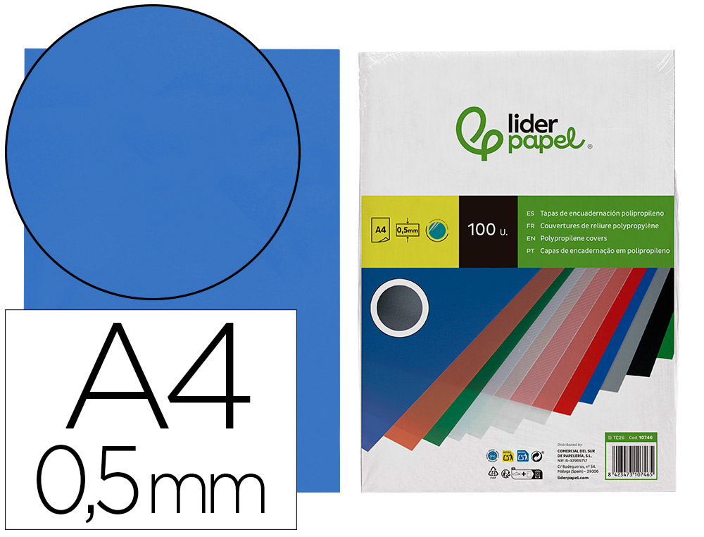 TAPA ENCUADERNACION LIDERPAPEL POLIPROPILENO A4 0.5 MM AZUL TRANSLUCIDO PAQUETE DE 100 UNIDADES
