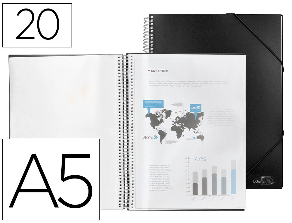 CARPETA LIDERPAPEL ESCAPARATE CON ESPIRAL 20 FUNDAS POLIPROPILENO DIN A5 NEGRO OPACO