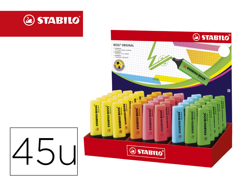 ROTULADOR STABILO BOSS FLUORESCENTE 70 EXPOSITOR DE 45 UNIDADES COLORES SURTIDOS