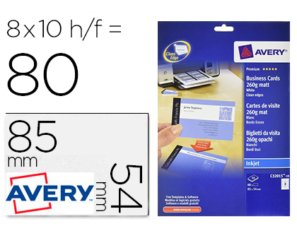TARJETA DE VISITA AVERY BLANCA MATE 85X54 MM 260 GR IMPRIMIBLE DOBLE CARA PARA INK-JET PACK DE 80 UNIDADES