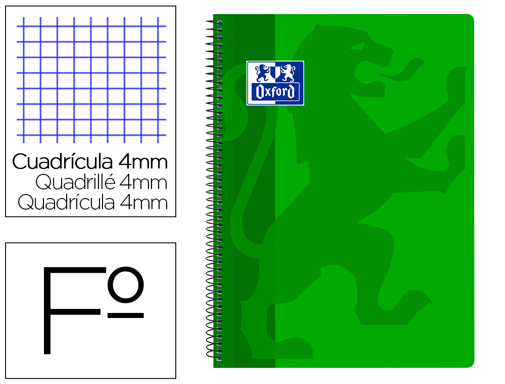 CUADERNO ESPIRAL OXFORD SCHOOL CLASSIC TAPA POLIPROPILENO FOLIO 80 HOJAS CUADRO 4 MM CON MARGEN VERDE