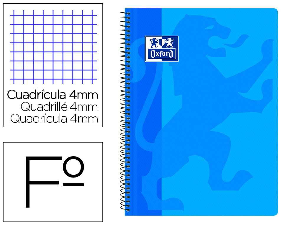 CUADERNO ESPIRAL OXFORD SCHOOL CLASSIC TAPA POLIPROPILENO FOLIO 80 HOJAS CUADRO 4 MM CON MARGEN AZUL