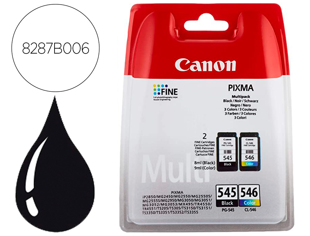 INK-JET CANON PG-545 / CL-546 PIXMA MG2550 / MG3050 / TR4550/S205/S305/TS3352 PACK 2 COLORES NEGRO COLOR
