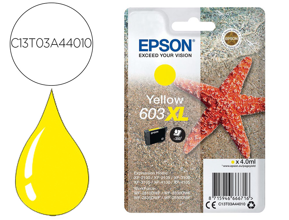 INK-JET EPSON 603XL XP-2100 / 2105 / 3100 / 4100 / WF-2810 / 2830 / 2835 / 2850 AMARILLO 350 PAGINAS