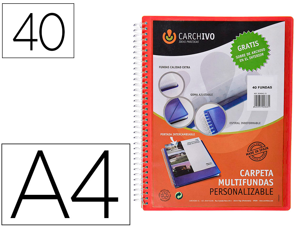 CARPETA CARCHIVO ARCHIVEX POLIPROPILENO CANGURO ROJA ESCAPARATE CON ESPIRAL 40 FUNDAS CIERRE GOMAS DIN A4