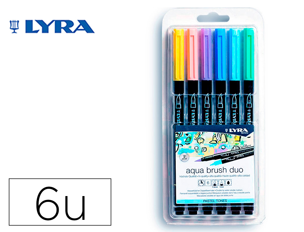 Papelería Carlin  ROTULADOR LYRA AQUA BRUSH ACUARELABLE DOBLE PUNTA Y  PINCEL TONOS PASTEL BLISTER DE 6 UNIDADES SURTIDAS