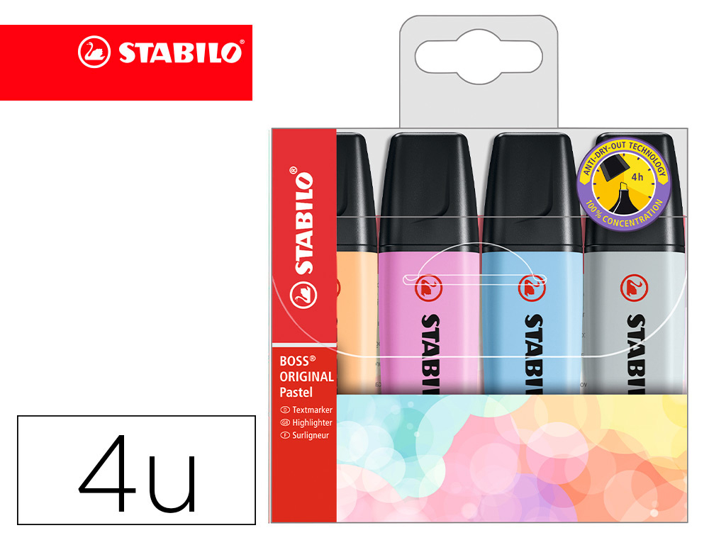 ROTULADOR STABILO BOSS FLUORESCENTE 70 PASTEL ESTUCHE DE 4 UNIDADES COLORES