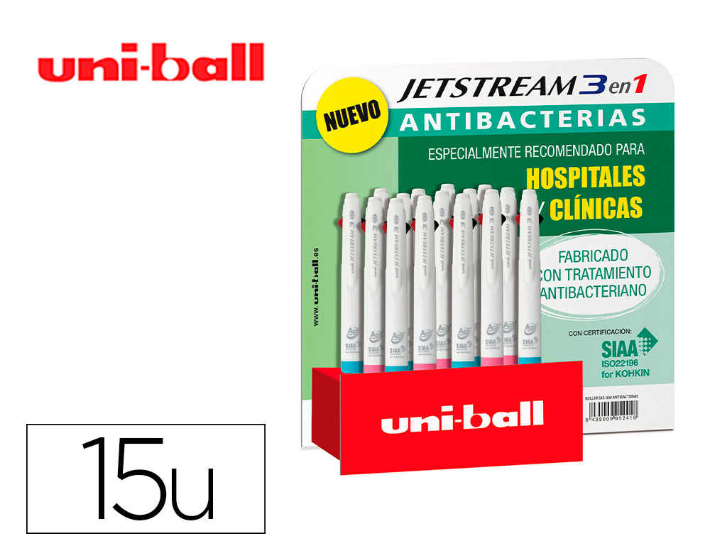 BOLIGRAFO UNI-BALL JETSTREAM SPORT SXE3-400 3 COLORES ANTIBACTERIANO 1,0 MM EXPOSITOR DE 15 UNIDADES