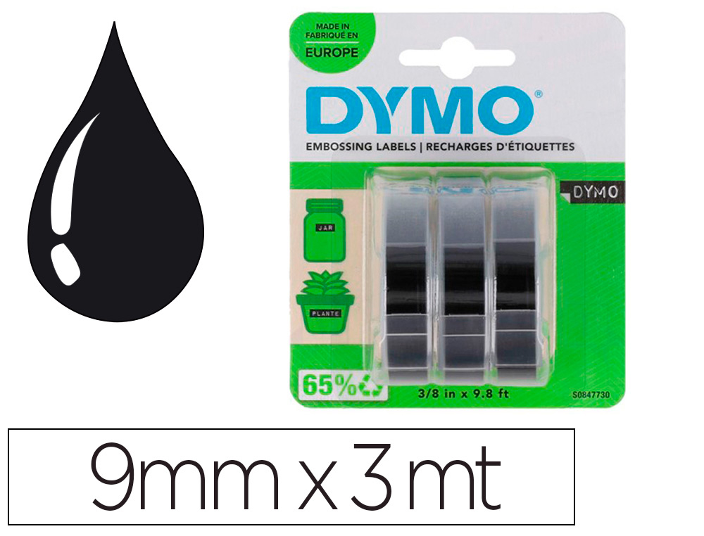 CINTA DYMO 3D 9MM X 3MT PARA ROTULADORA OMEGA/JUNIOR COLOR NEGRO BLISTER 3 UNIDADES