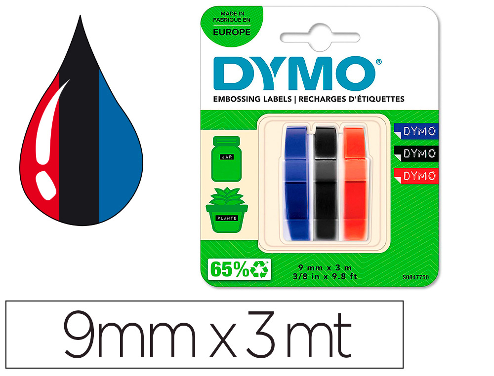 CINTA DYMO 3D 9MM X 3MT PARA ROTULADORA OMEGA/JUNIOR COLOR AZUL/NEGRO/ROJO BLISTER 3 UNIDADES