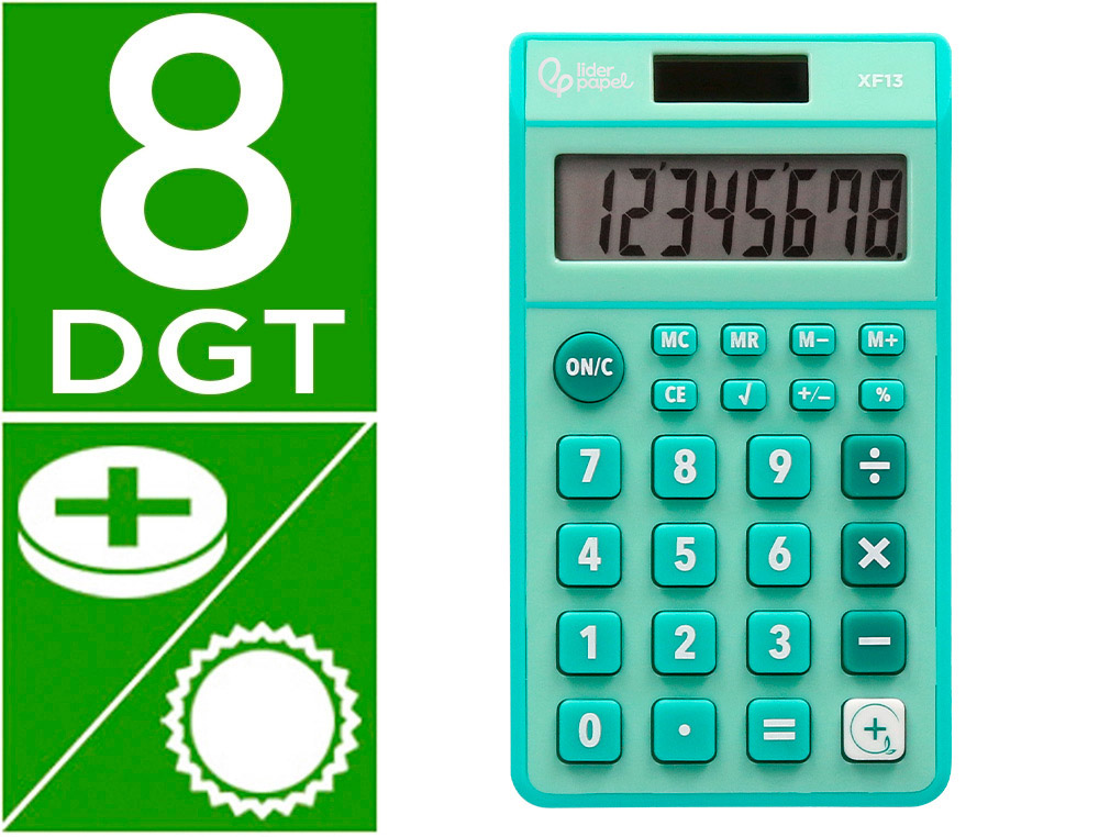 CALCULADORA LIDERPAPEL BOLSILLO XF13 8 DIGITOS SOLAR Y PILAS COLOR VERDE 115X65X8 MM